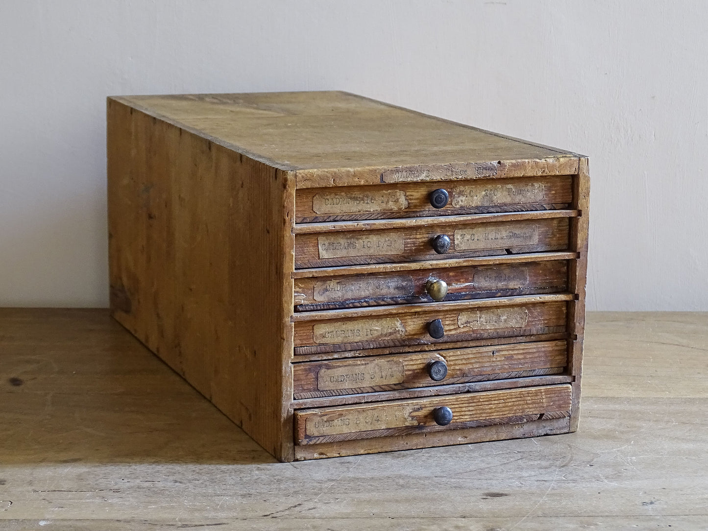 Vintage horological parts cabinet with compartmentalised storage drawers