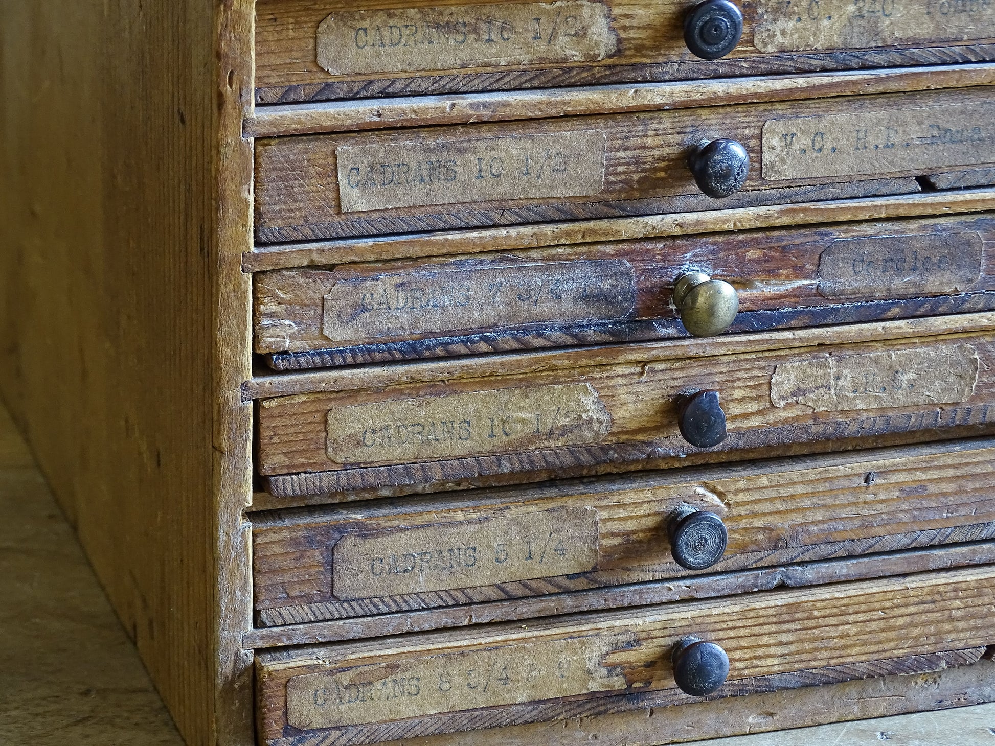 Antique French horological workshop drawer cabinet with green lined interiors