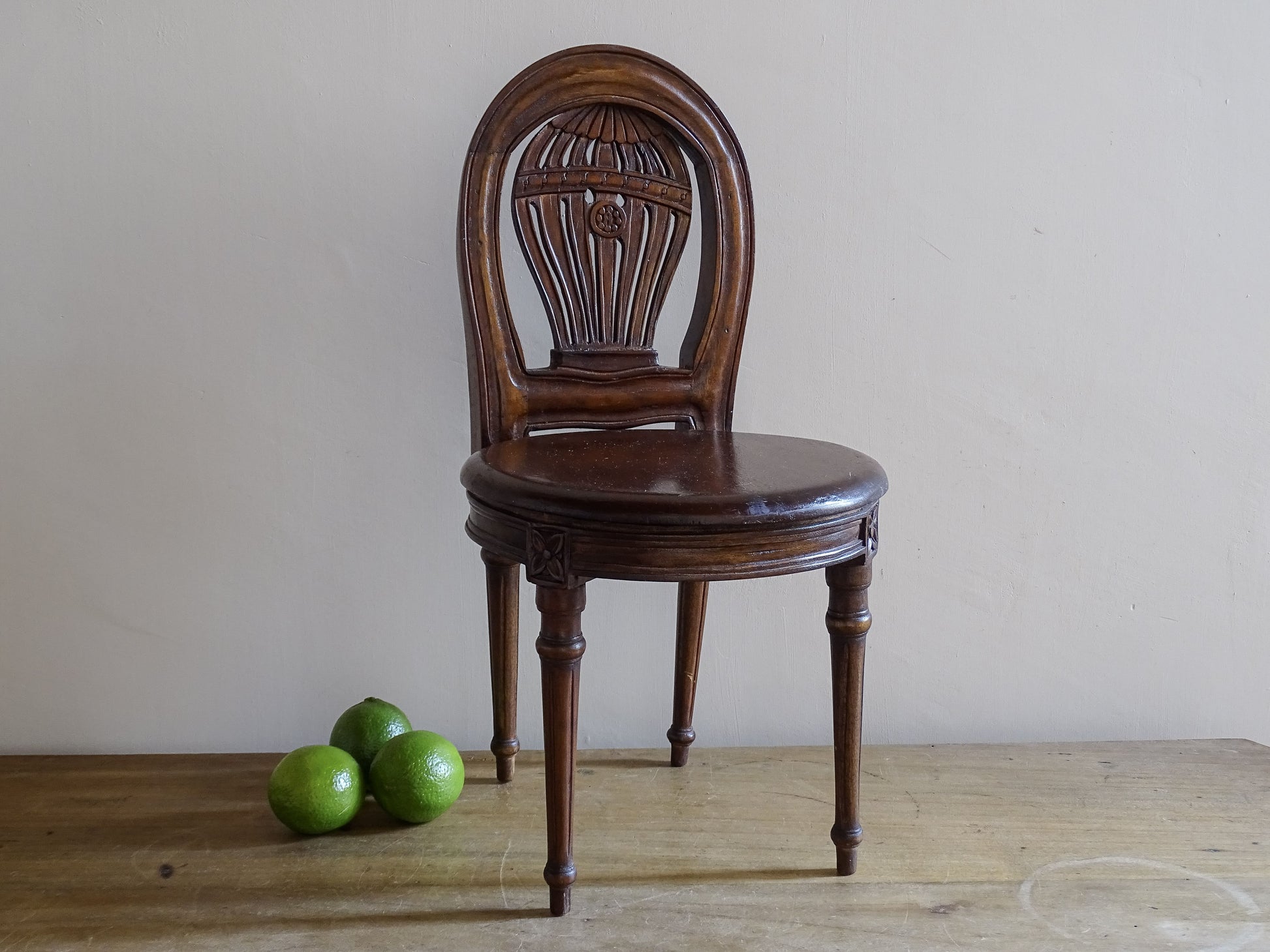 Antique miniature Montgolfière balloon back chair in carved wood with Louis XVI revival design