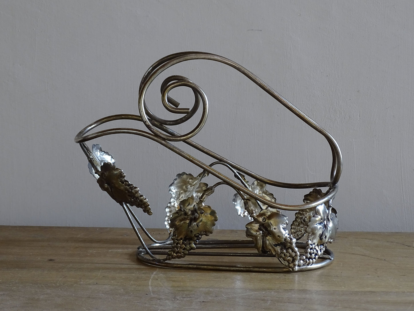Vintage French barware wine carrier with grapes and vine leaf ornamentation