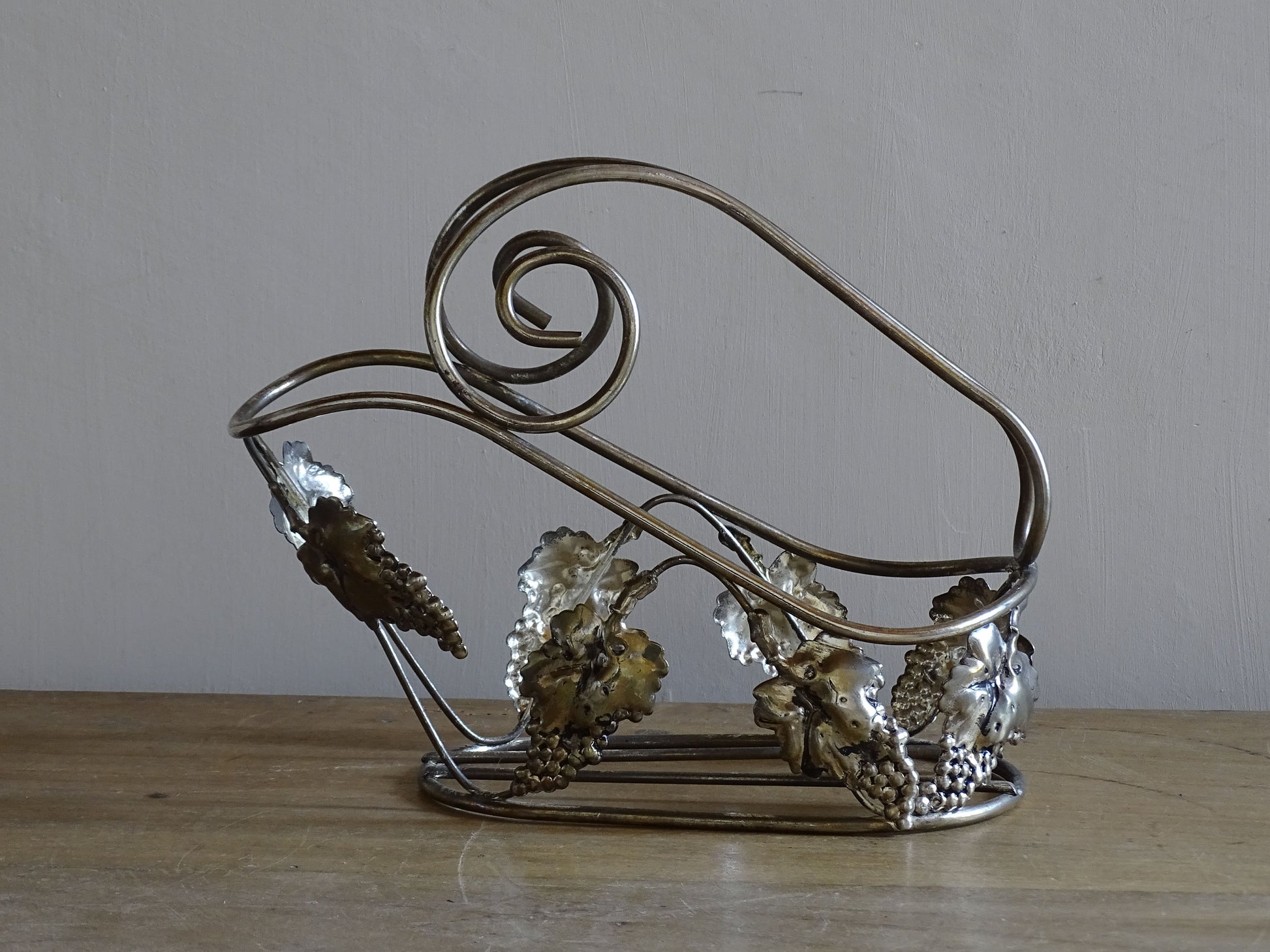 Vintage French barware wine carrier with grapes and vine leaf ornamentation