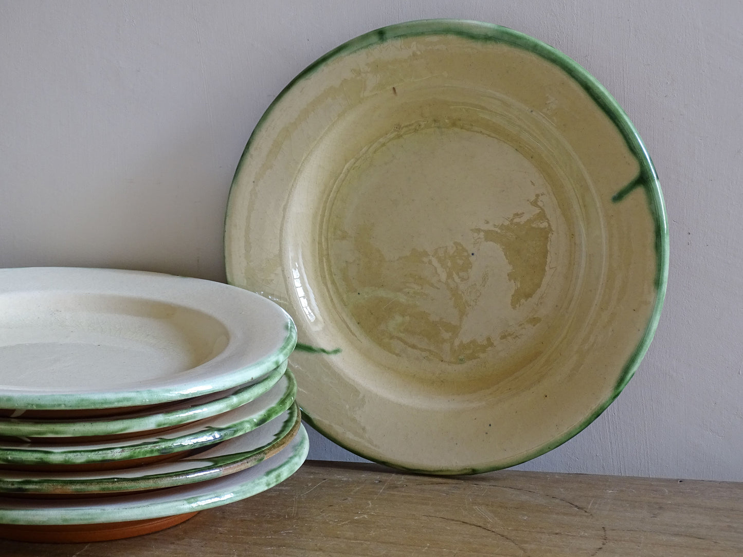 Rustic French provincial pottery dinner plates with cream crackled glaze
