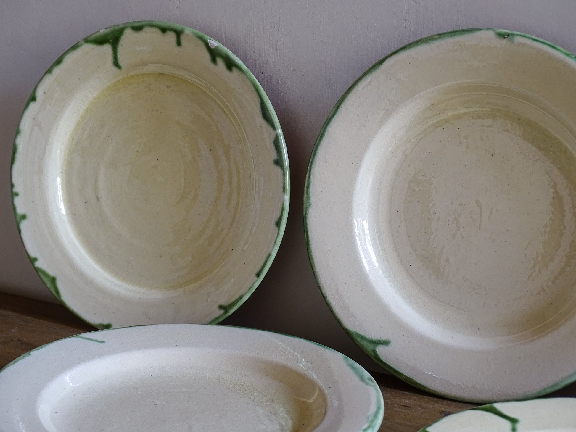 Rustic cream and green French ceramic plates for farmhouse kitchen decor