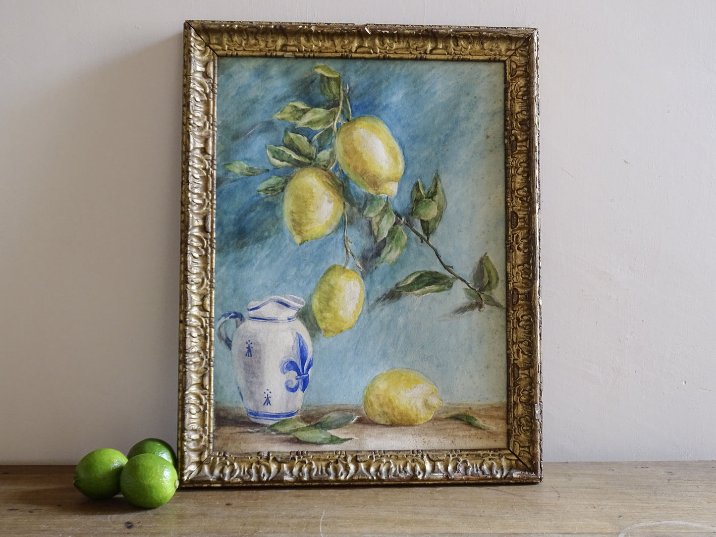 Vintage Watercolour Still Life of Lemons in Ornate Gilt Frame