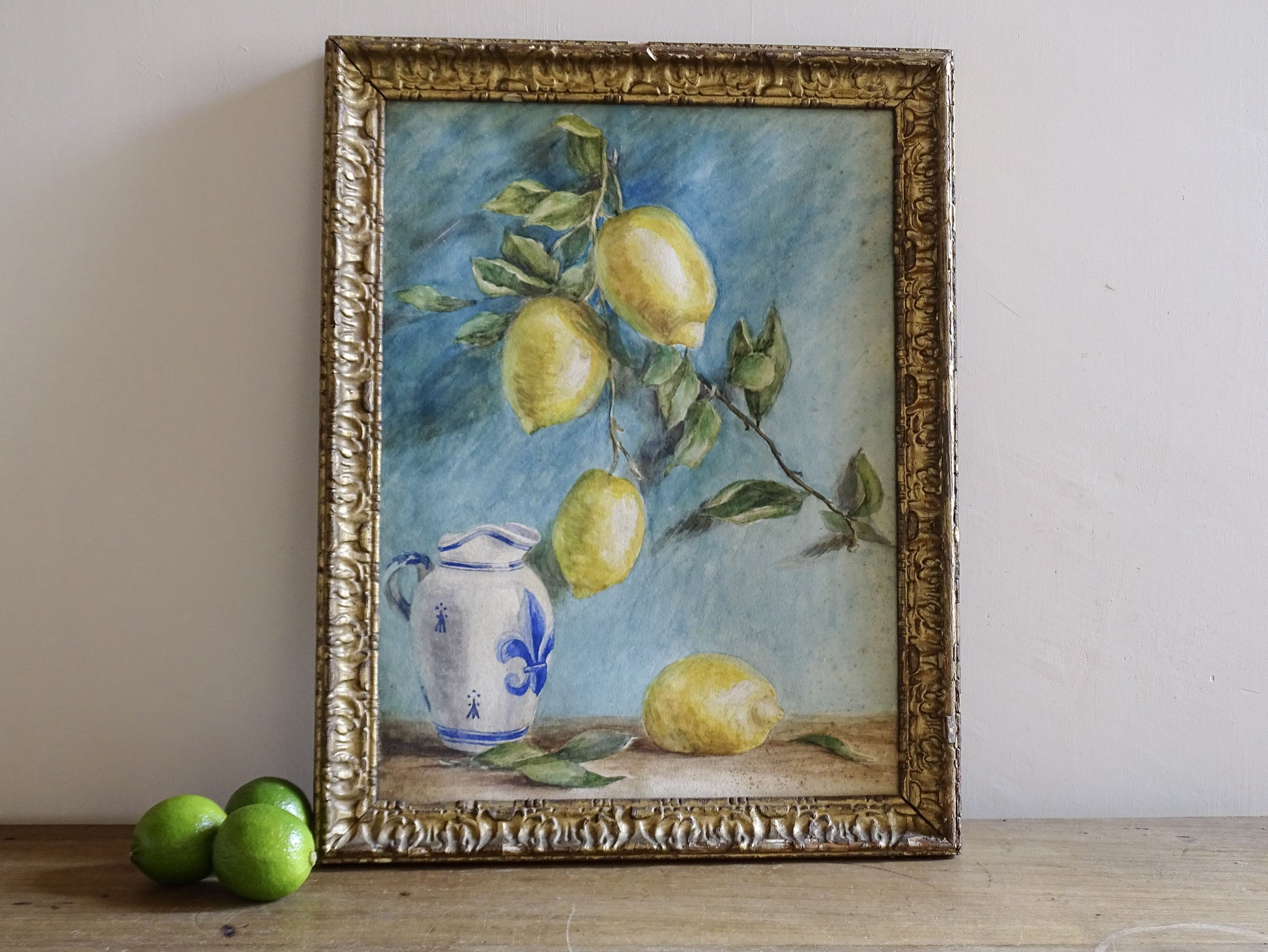 Vintage Watercolour Still Life of Lemons in Ornate Gilt Frame