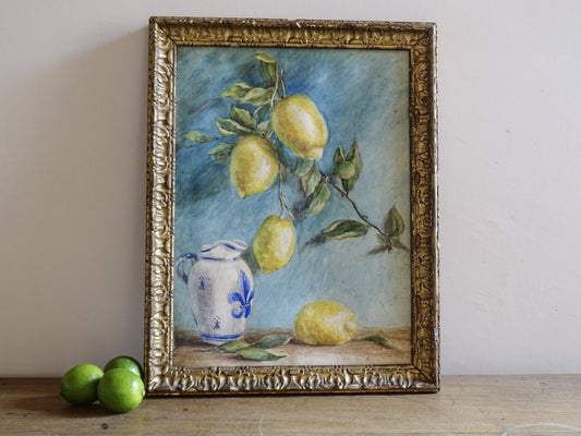 Vintage Watercolour Still Life of Lemons in Ornate Gilt Frame