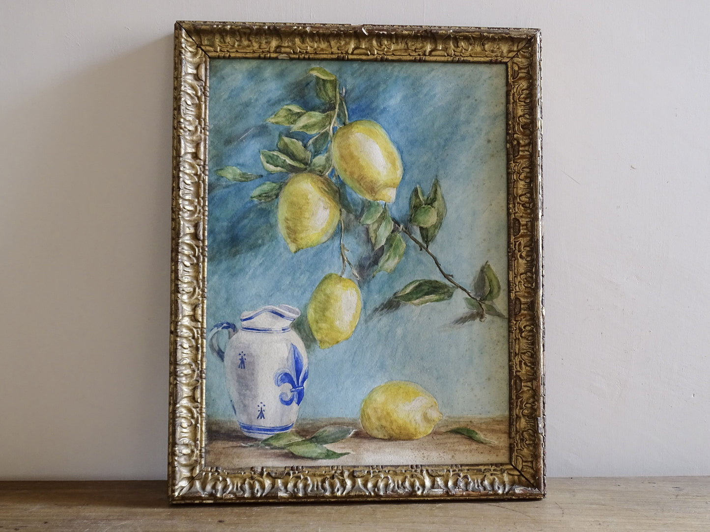 Framed Vintage Lemon Watercolour Painting with Blue and White Jug