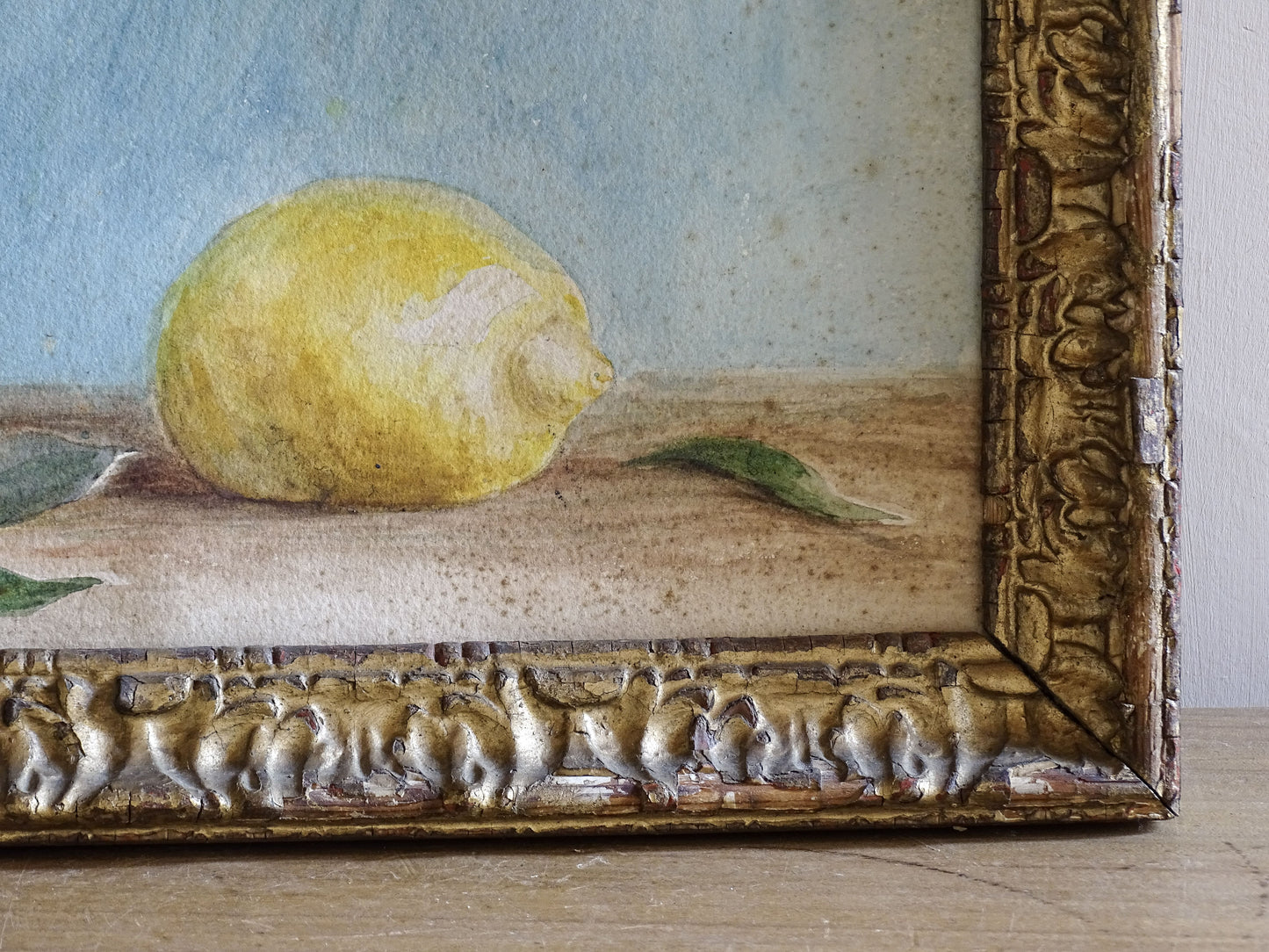 Vintage Mediterranean Lemon Still Life Watercolour in Antique Gilt Frame
