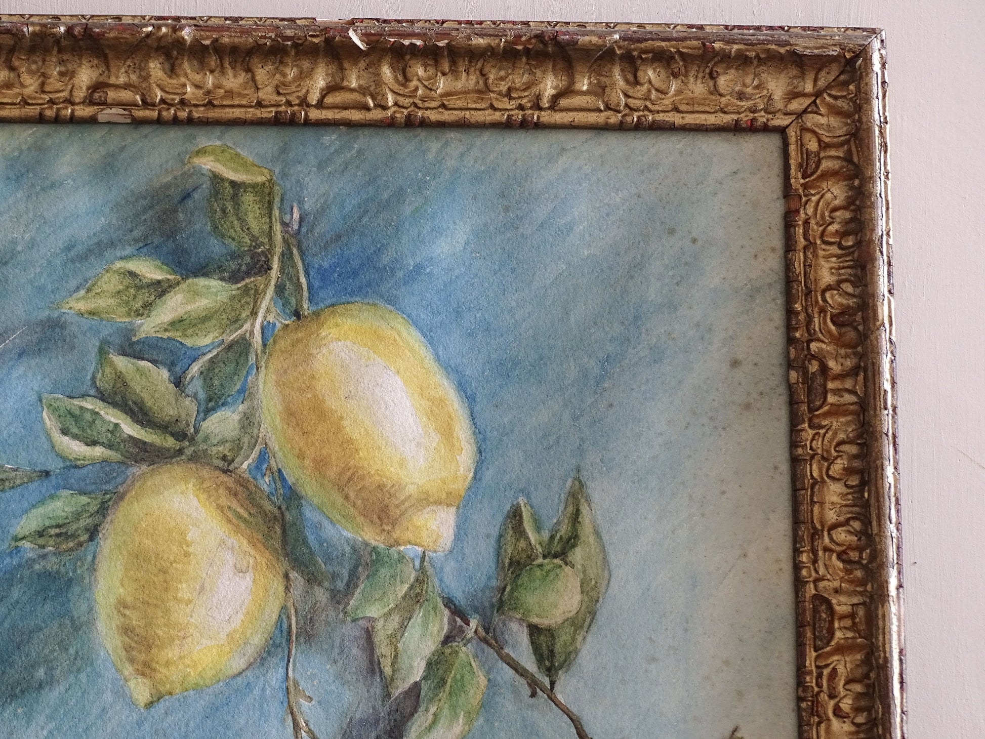 Framed Vintage Lemon Watercolour Painting with Blue and White Jug
