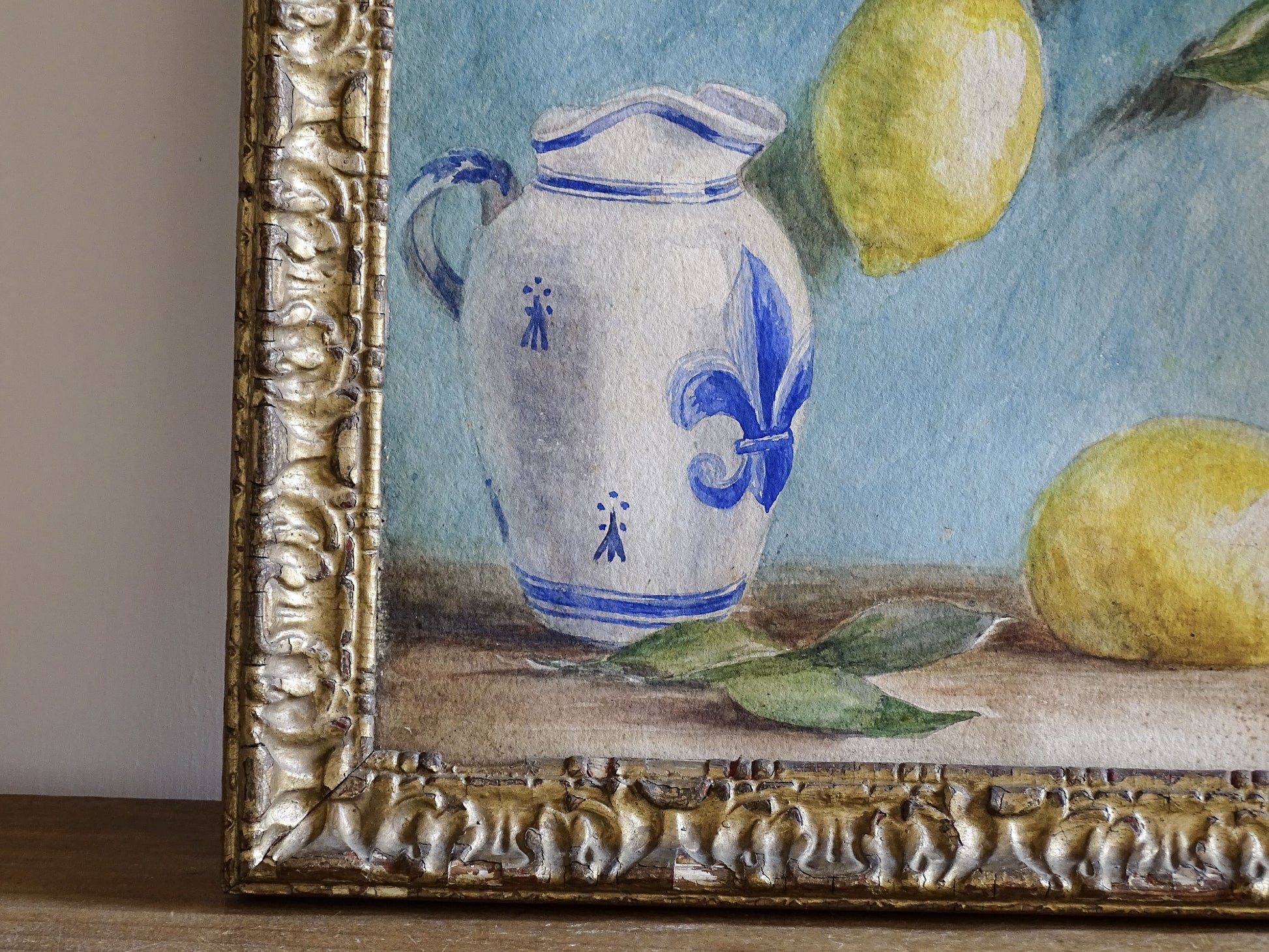 Mid century Framed Vintage Lemon Watercolour Painting with Blue and White Jug