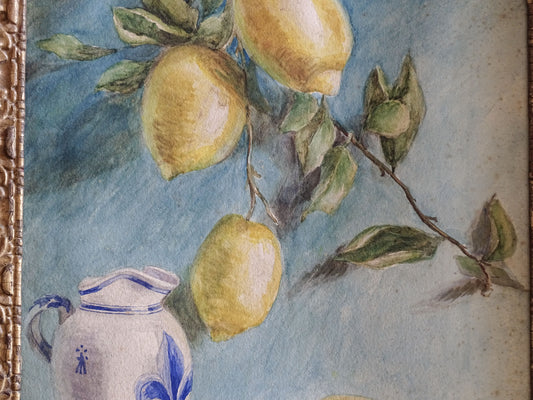 Vintage Lemon Watercolour with Blue and White Pitcher in Gilt Frame
