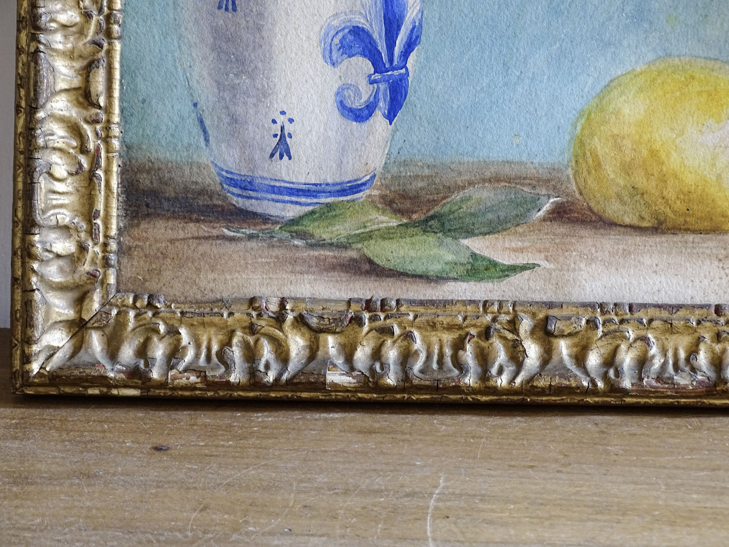 Vintage Lemon Watercolour with Blue and White Pitcher in Gilt Frame