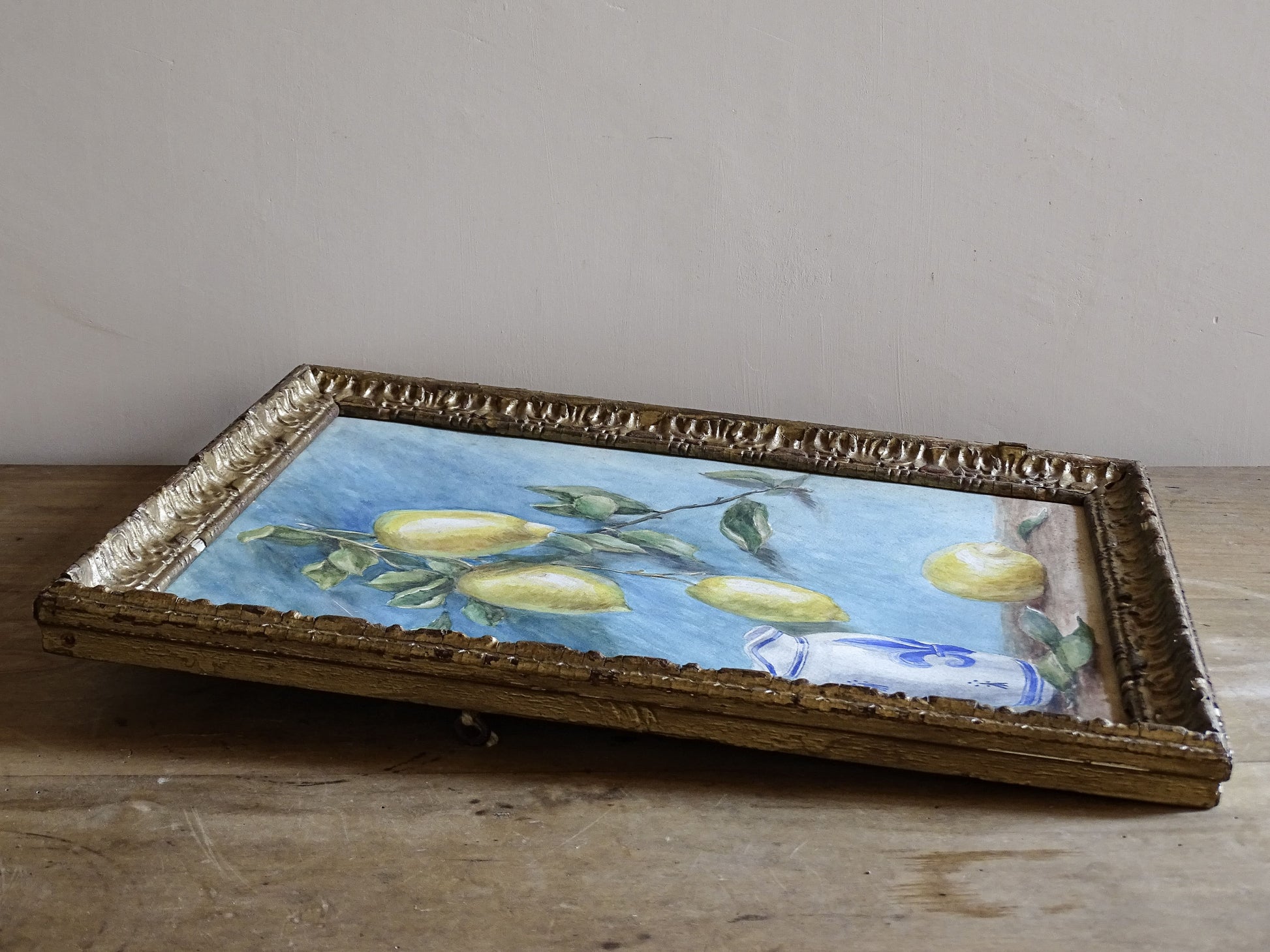 Vintage Lemon Watercolour with Blue and White Pitcher in Gilt Frame