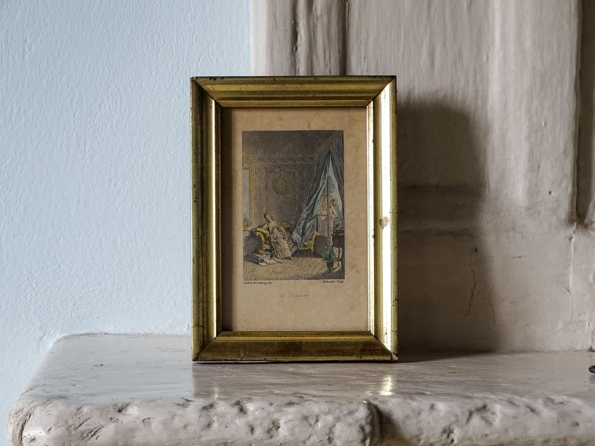French antique early 20th century framed print after an 18th century engraving, pictured on a country house fireplace
