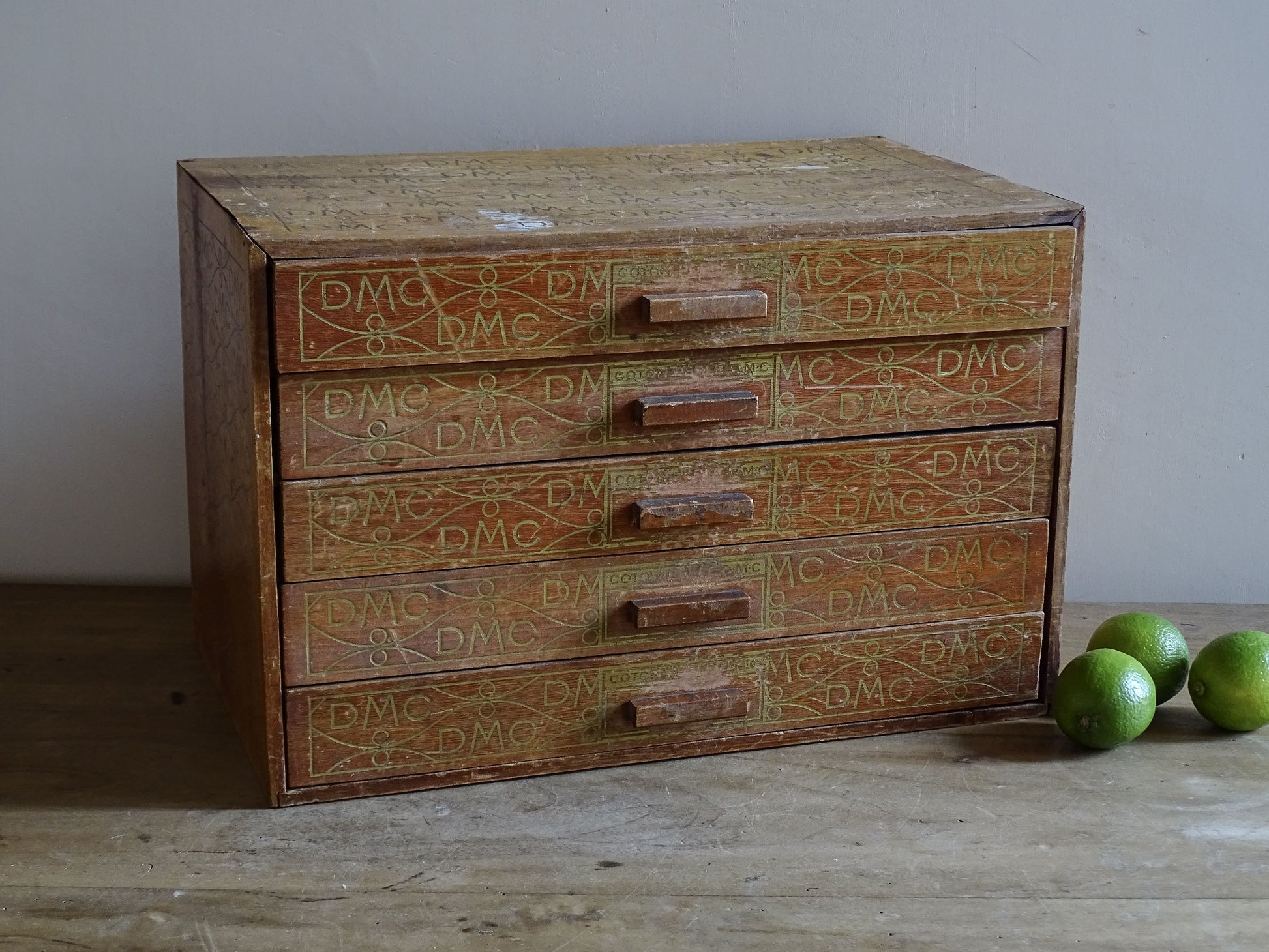 French antique DMC mercerie drawers with five shallow storage drawers