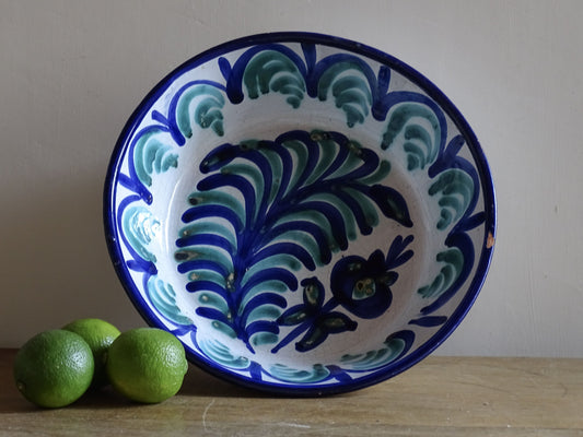 Spanish vintage Fajalauza lebrillo bowl with blue and green hand-painted pomegranate design