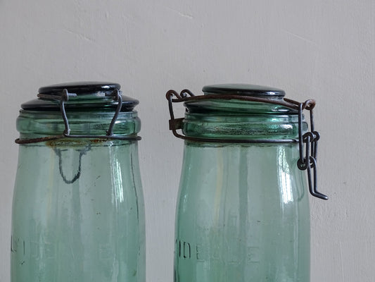 French farmhouse glass storage jars with original wire closures