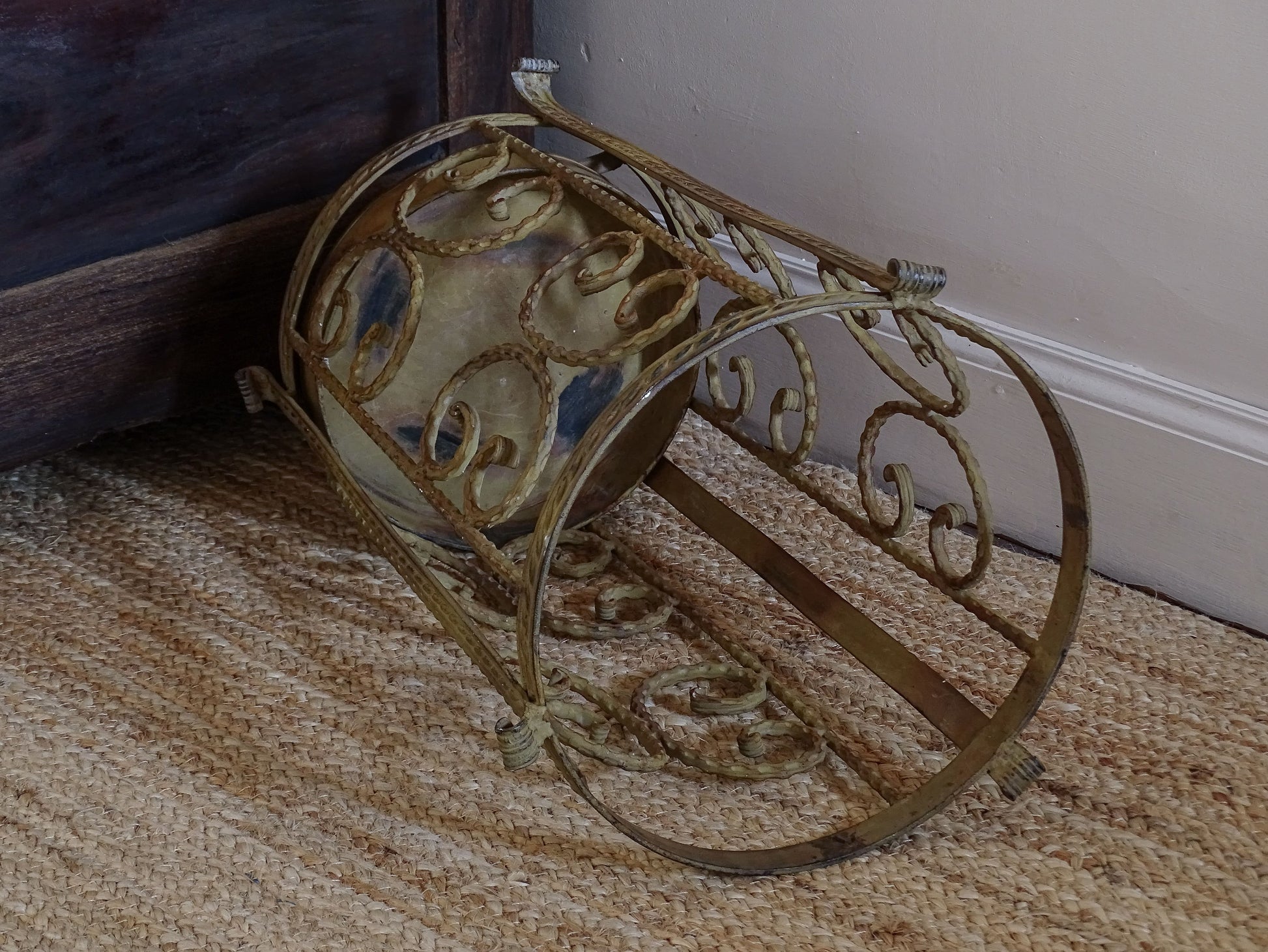 French vintage umbrella holder with ornate scrollwork and aged patina finish