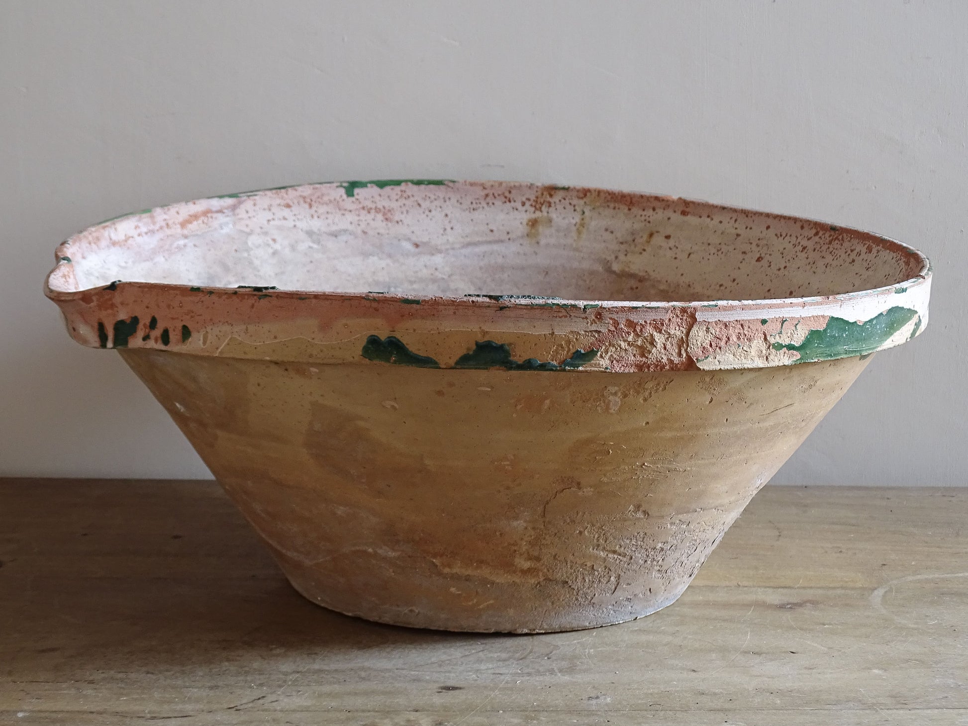 Handmade antique French tian with weathered terracotta patina