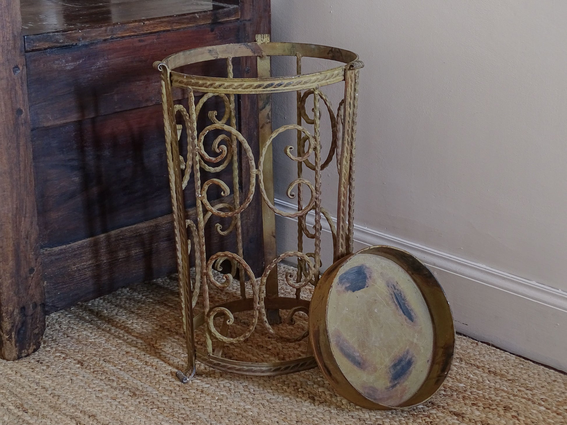 Mid-century French metal umbrella stand with removable base tray