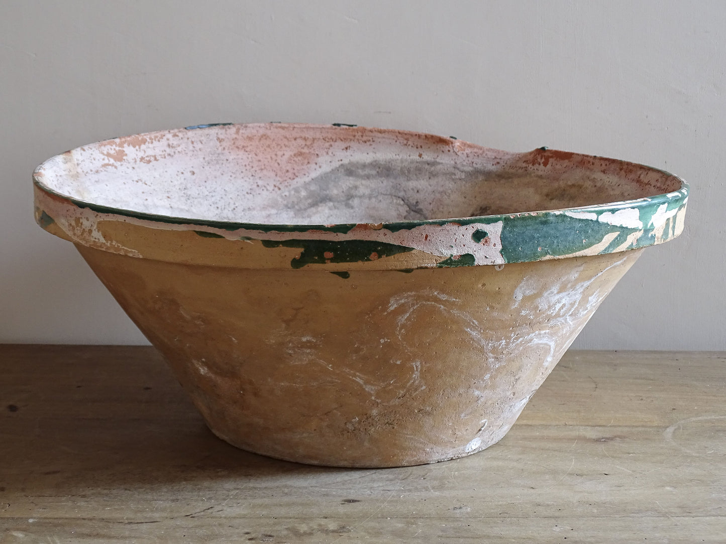 Rustic antique French pottery bowl for farmhouse kitchen decor