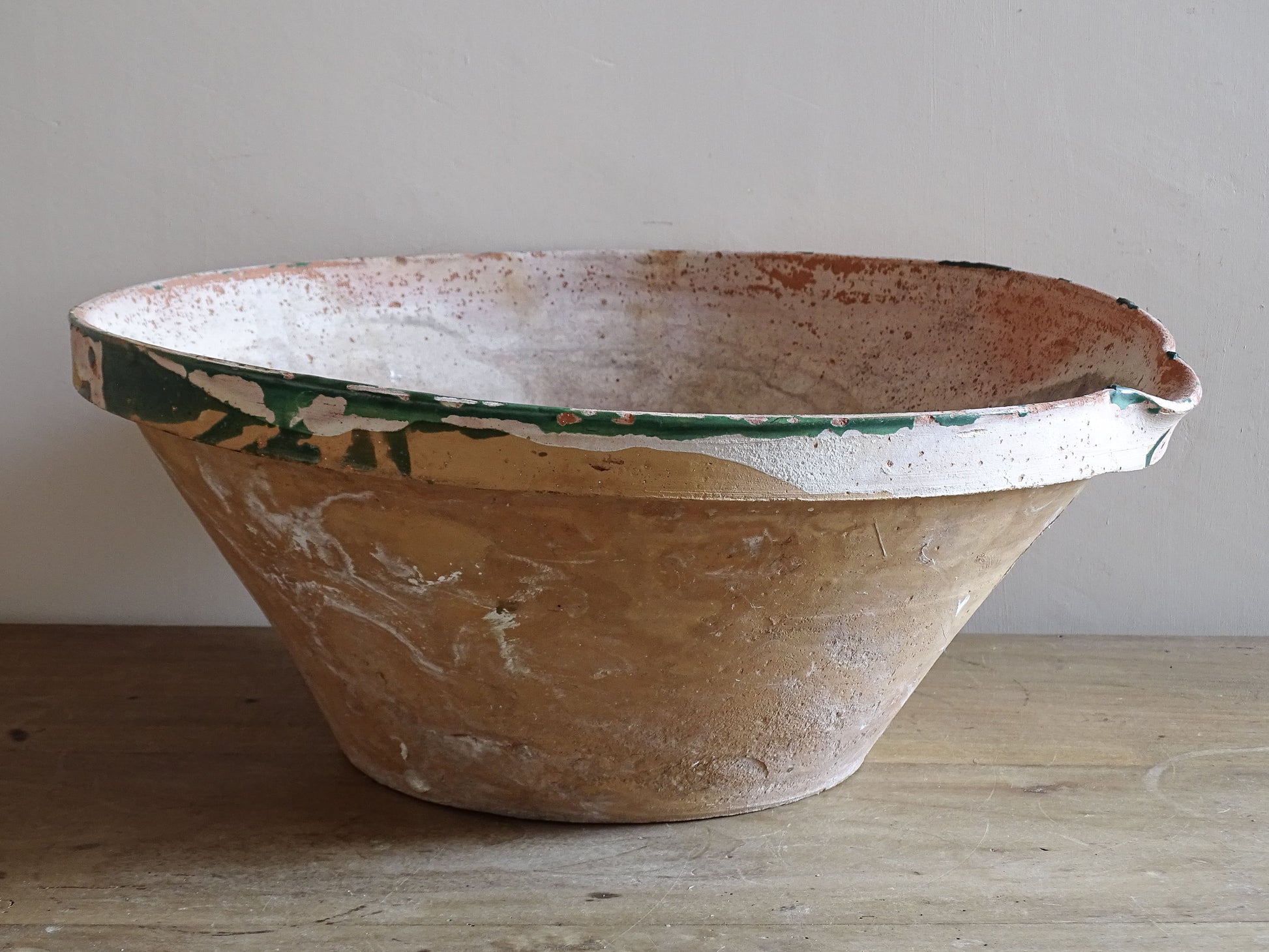 Large French country terracotta bowl with traces of green glaze