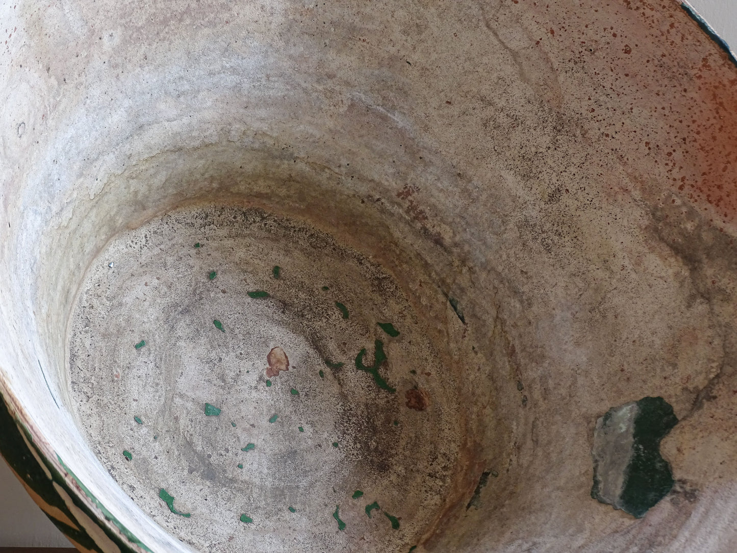 Large French country terracotta bowl with traces of green glaze
