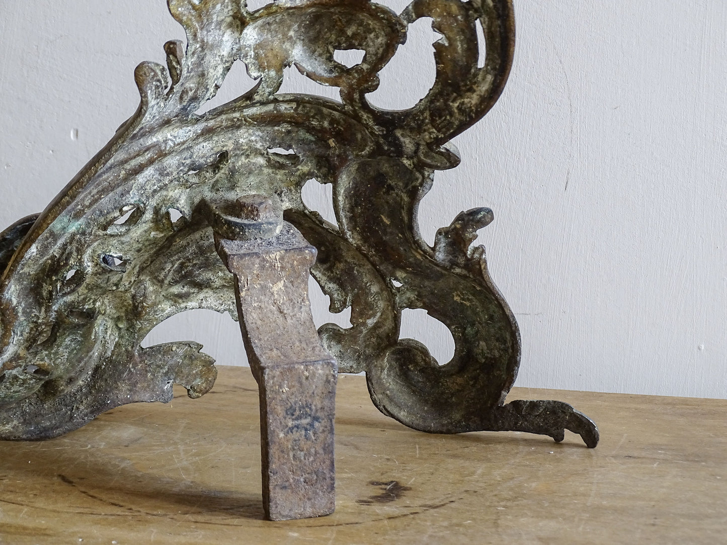 Antique Rococo brass fireplace decor with elaborate openwork casting