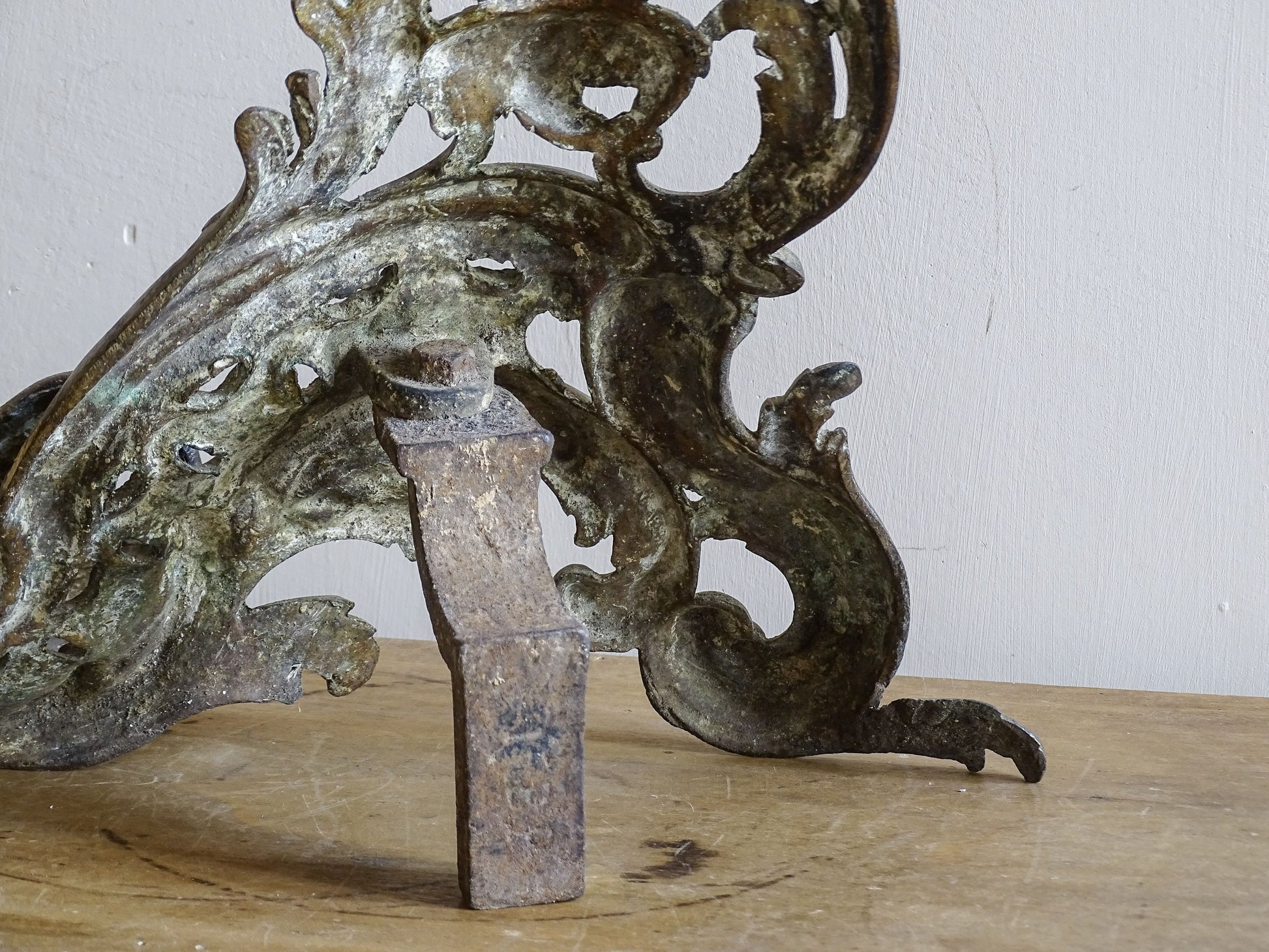 Antique Rococo brass fireplace decor with elaborate openwork casting