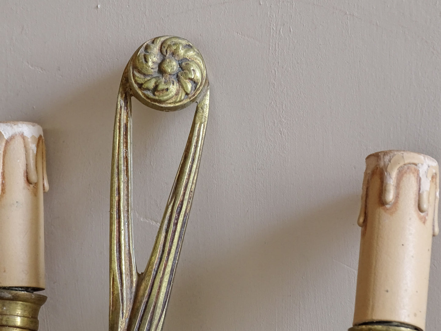 Vintage French gilt wall lights with faux candle sleeves