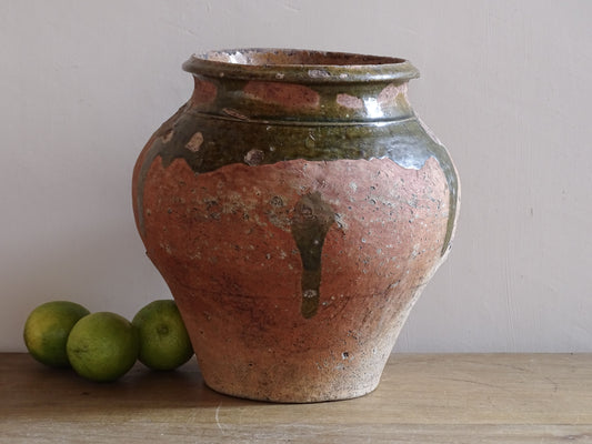 French antique earthenware jar with green glaze and terracotta body dating from c. 1880-1920