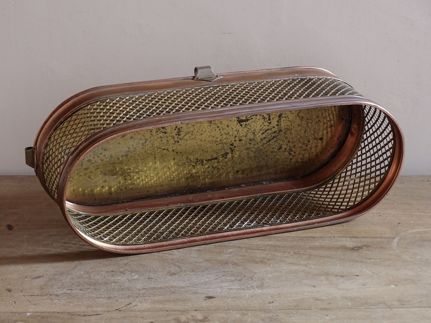 Mid-century metal jardinière with pierced brass mesh detail