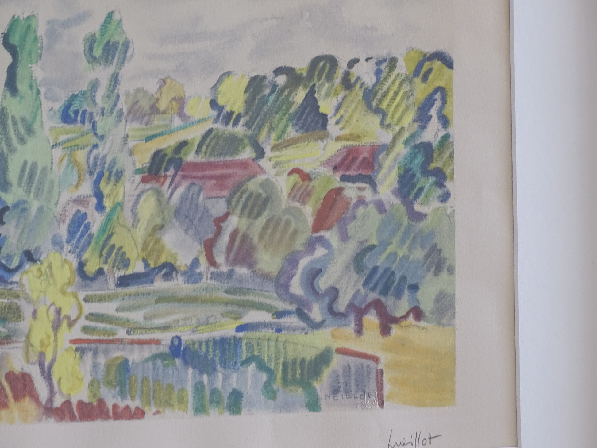 Close-up of Paysage d'Allier lithograph showing expressive colours and brushwork