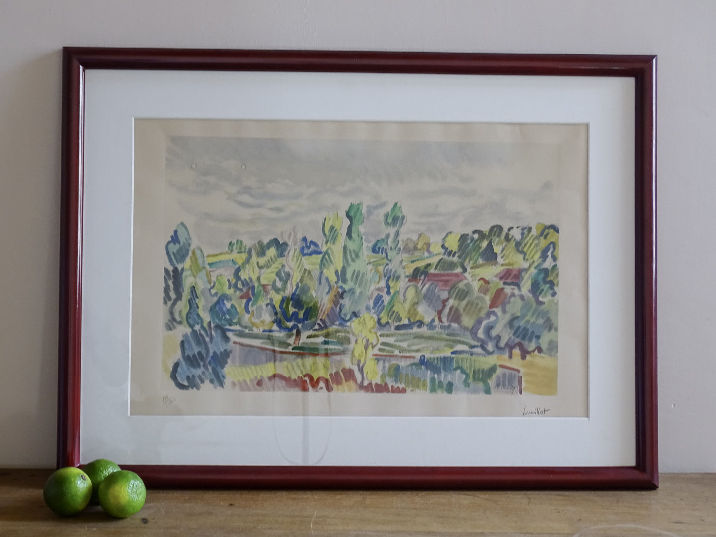 Louis Neillot Paysage d'Allier vintage French landscape lithograph in burgundy frame