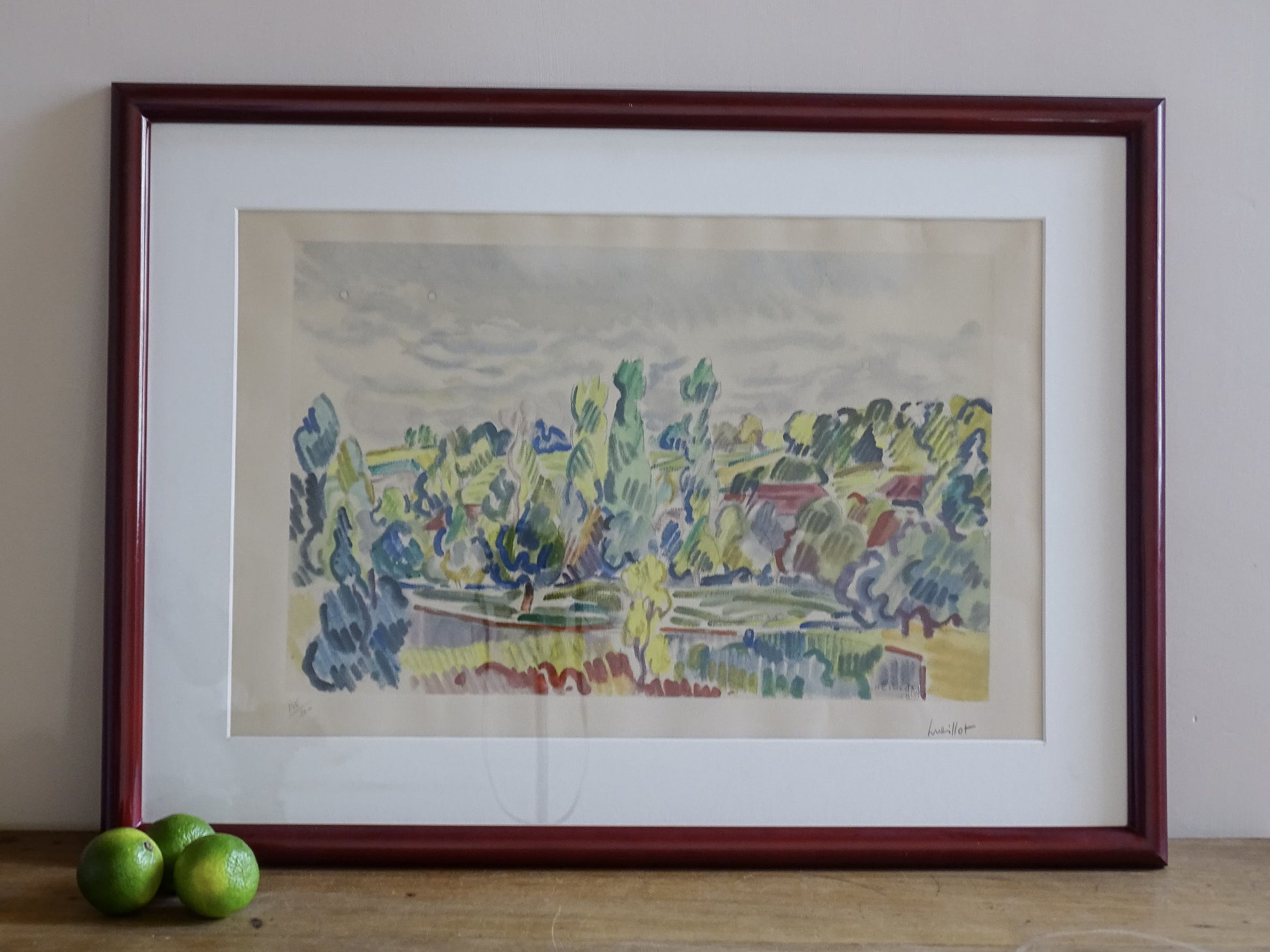 Louis Neillot Paysage d'Allier vintage French landscape lithograph in burgundy frame
