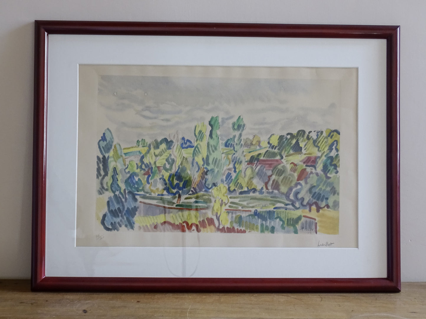 Louis Neillot signed landscape print with cream mount and vintage frame