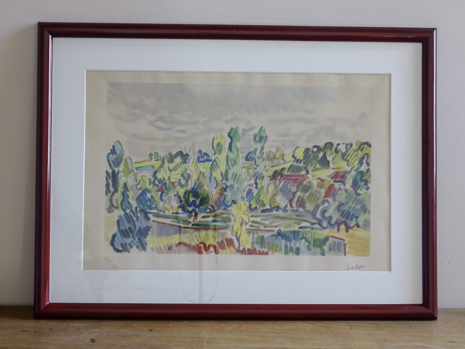 Louis Neillot signed landscape print with cream mount and vintage frame
