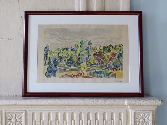 Louis Neillot Paysage d'Allier vintage French landscape lithograph in burgundy frame