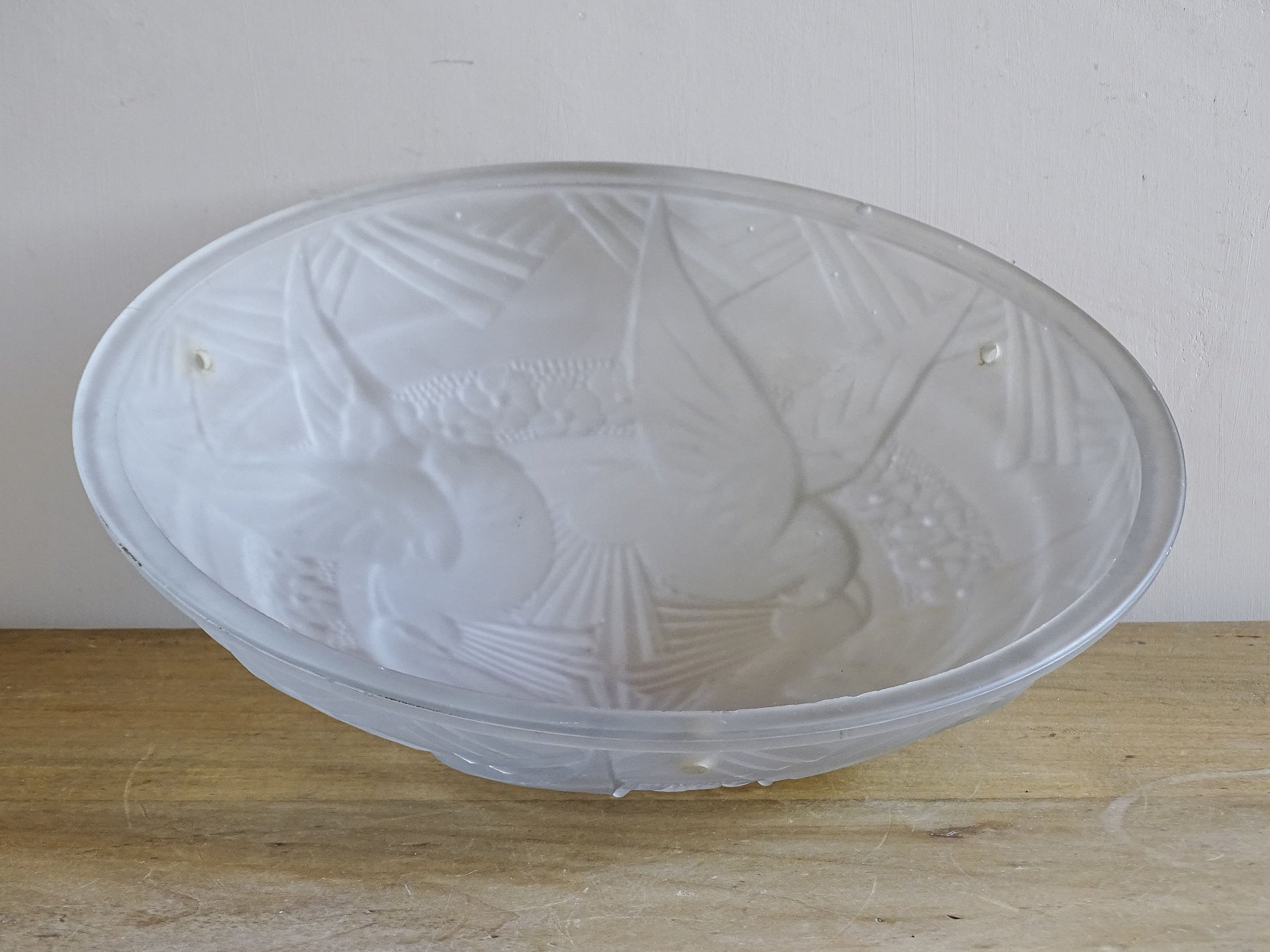 French vintage frosted glass ceiling light shade with moulded dove decoration.