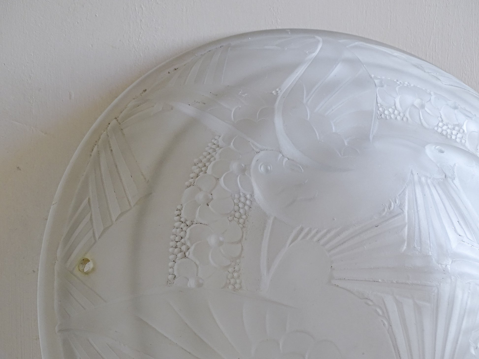 Art Deco ceiling light shade in frosted moulded glass with dove relief.
