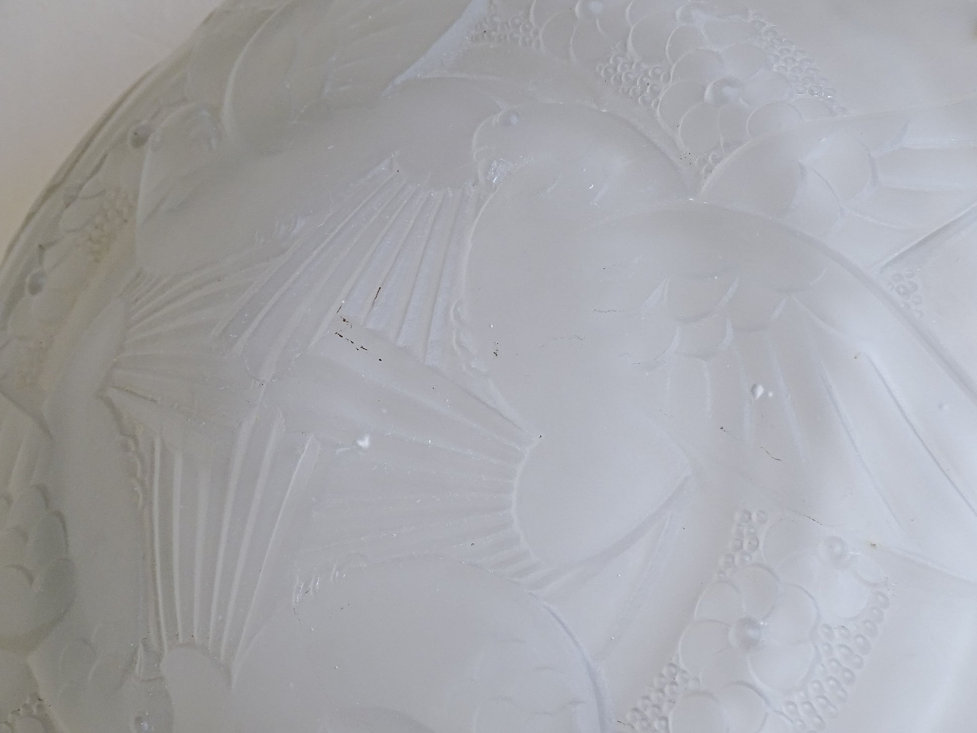 French frosted glass ceiling light shade with stylised doves and geometric decoration.