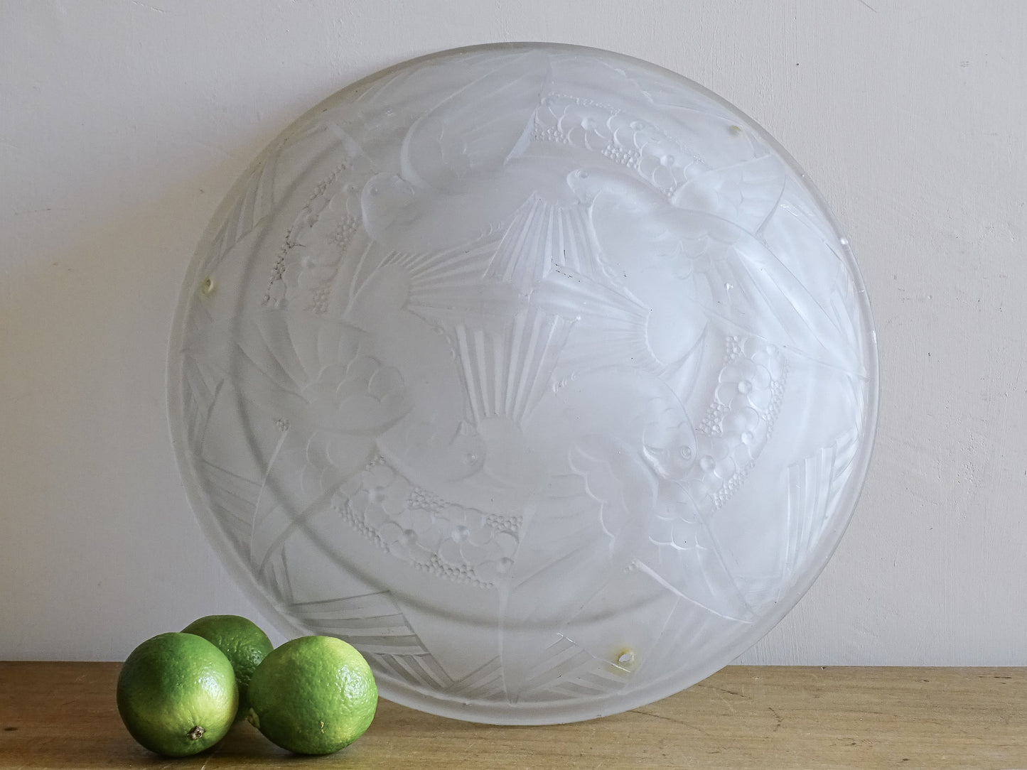 French Art Deco frosted glass ceiling light shade with four doves.