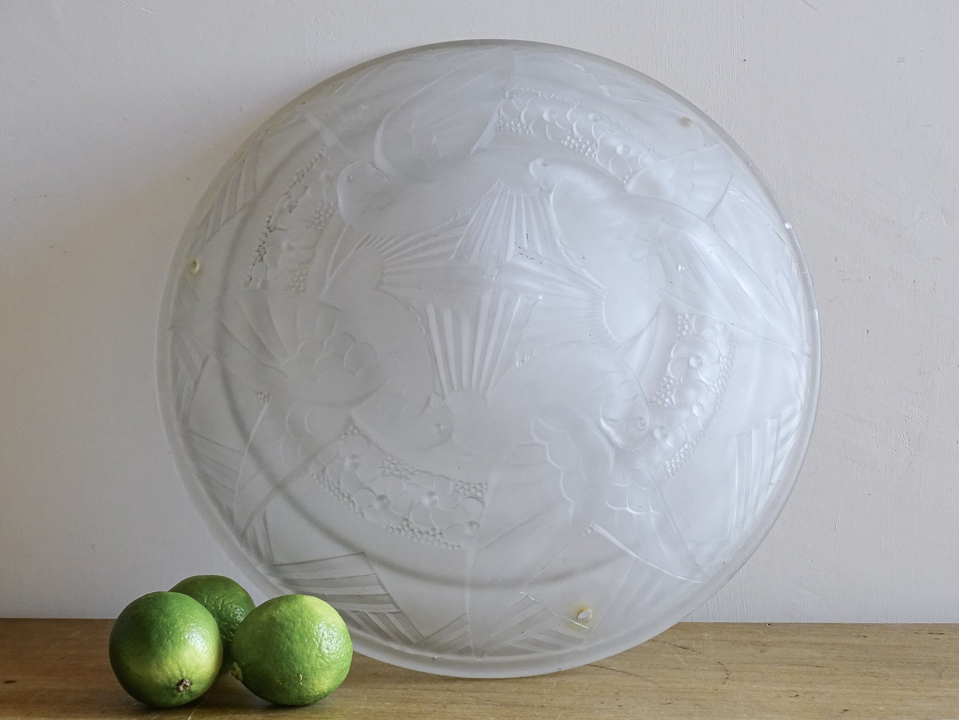 French Art Deco frosted glass ceiling light shade with four doves.