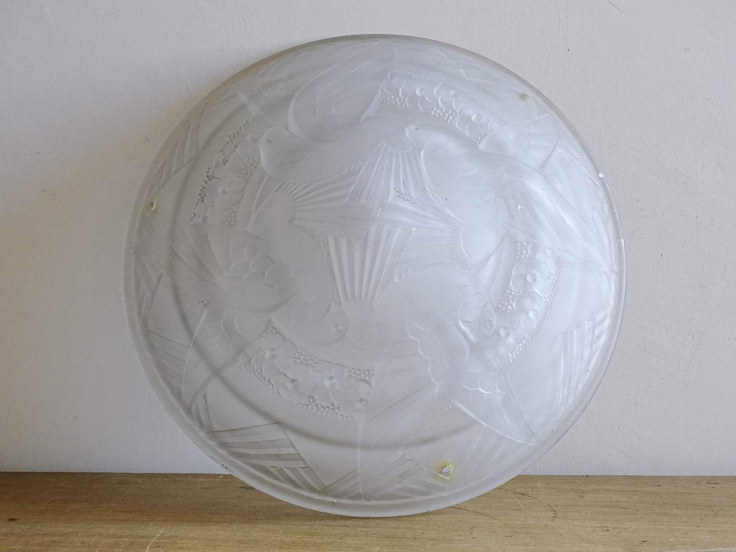 Art Deco frosted glass pendant light shade with geometric and dove motifs.
