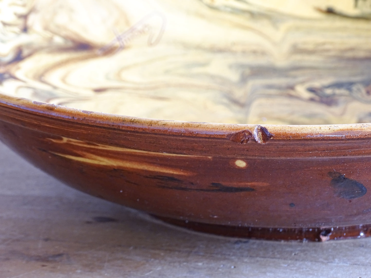 Large decorative French pottery bowl with marbled glaze