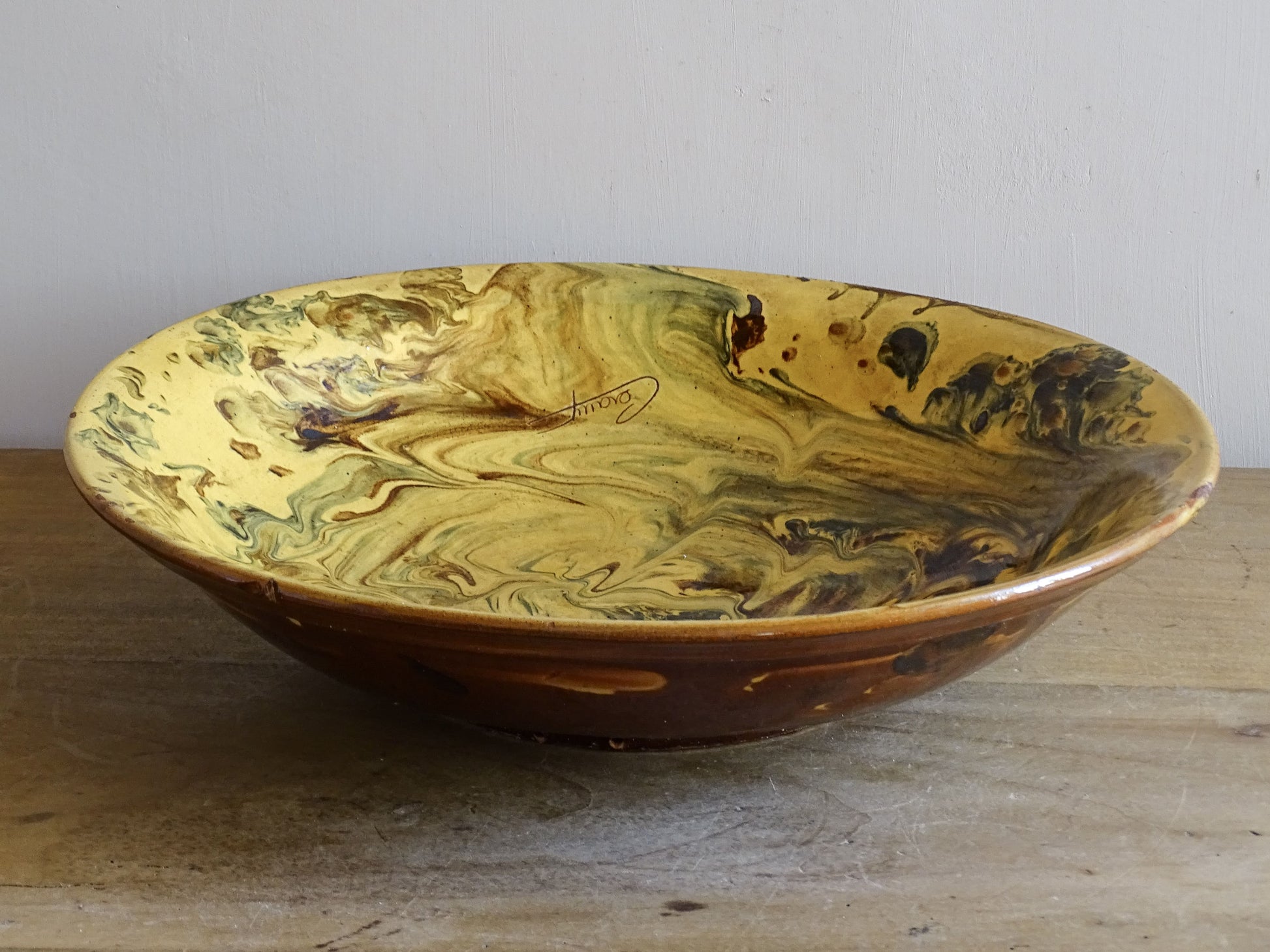 Vintage French pottery centrepiece bowl with rich earthy colours