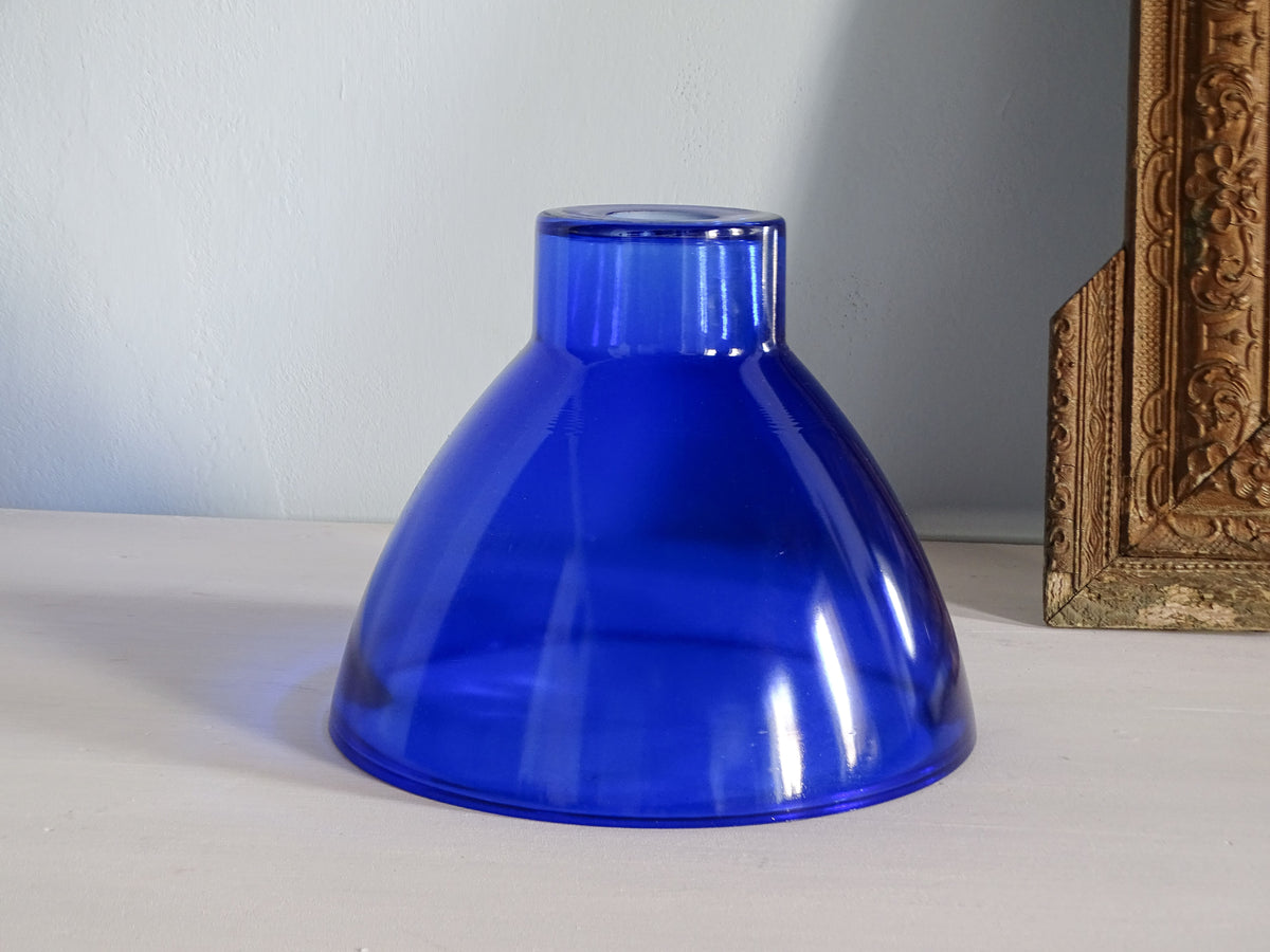French vintage cobalt blue glass lampshade with a flared dome shape and a short neck