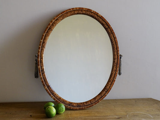 French vintage oval faux burr walnut mirror with richly figured wood frame