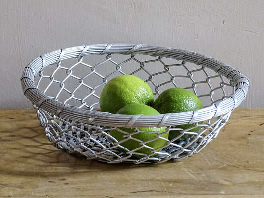 A French vintage silver coloured, round, wire basket. 