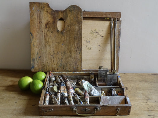 Early 20th-century French artist’s oil paint box with wooden palette and painting supplies